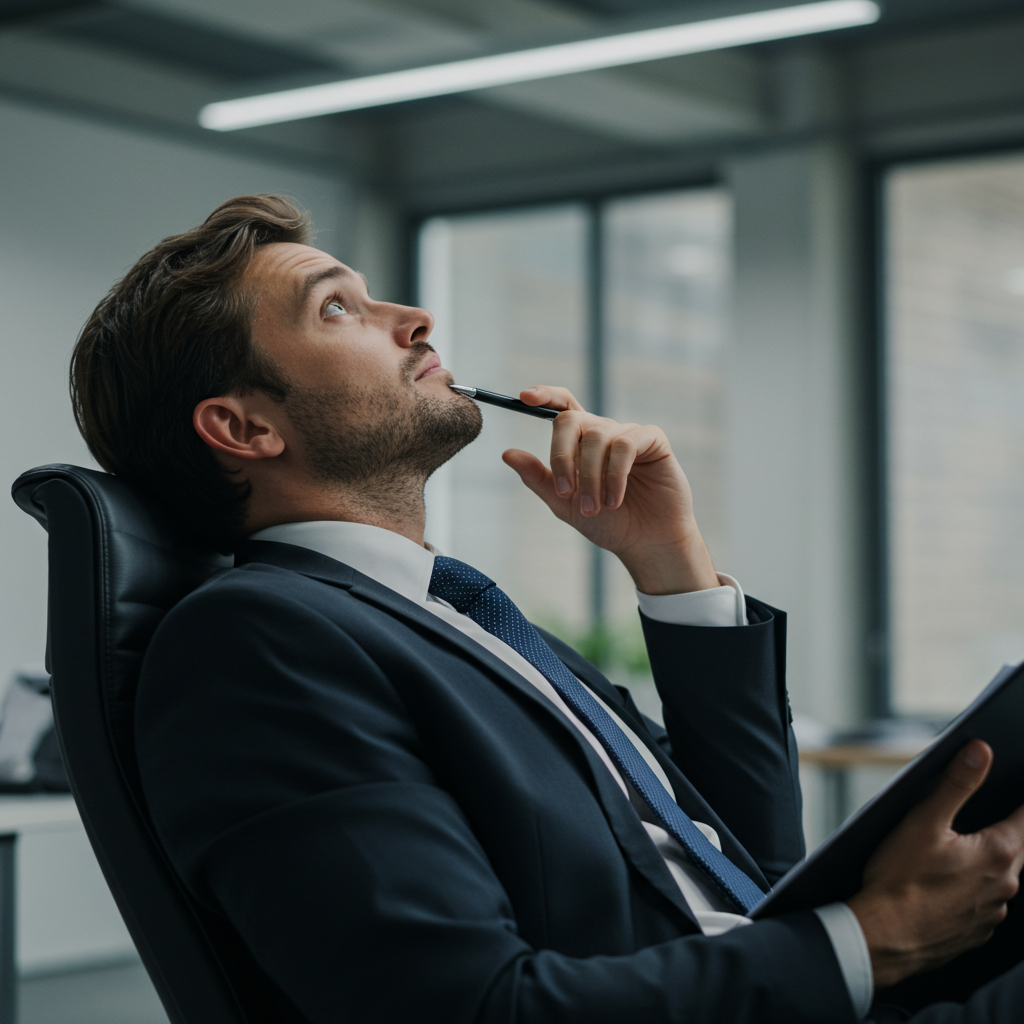 Photo d'un professionnel réfléchi assis légèrement incliné sur une chaise de bureau