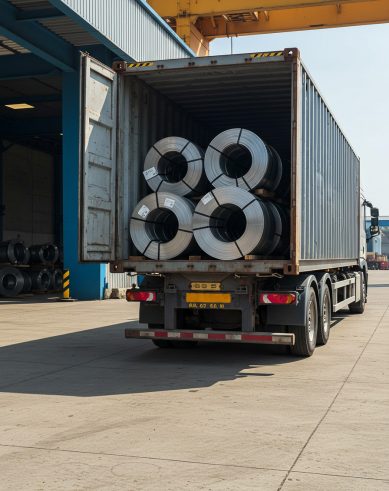 Camion charge avec des rouleaux de metal 1